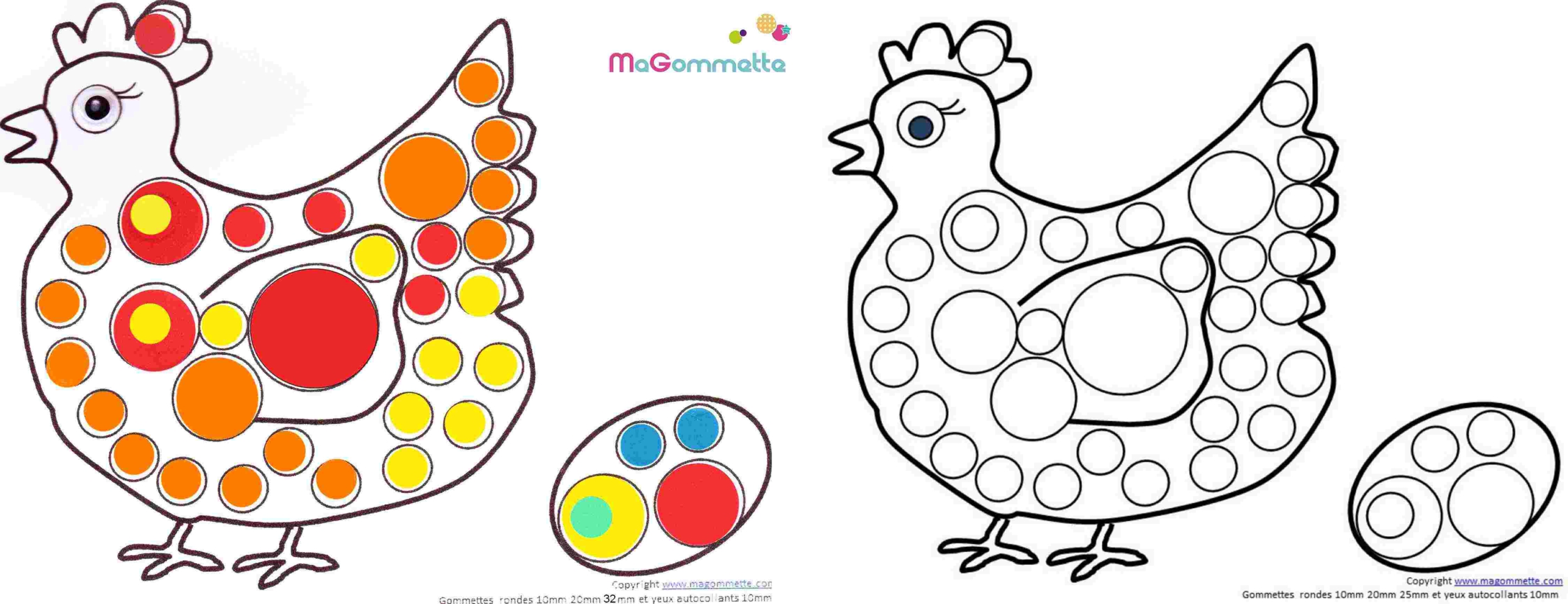 Modèle de dessin à imprimer avec Gommettes  La Poulette et son œuf